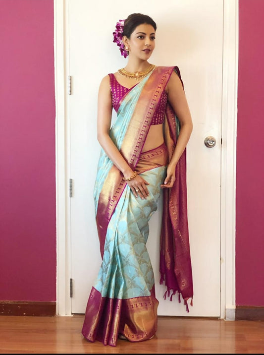 Mesmerising Rama Soft Silk Saree with Exuberant Blouse Piece
