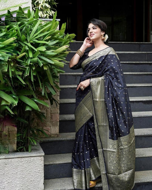 Sophisticated Black Soft Banarasi Silk Saree with Fancy Blouse Piece